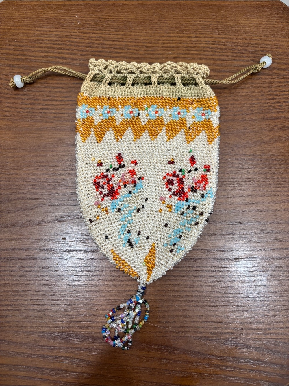 Vintage Beaded Drawstring Pouch - Cream with Mustard & Red Floral Accents
